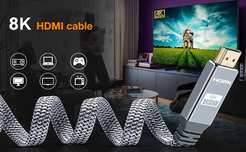 8K HDMI-Flachkabel 48 Gbit/s High Speed 8K60 4K120 144Hz Geflochtenes HDMI 2.1 Kabel 3D eARC HDCP 2.2&2.3 Kompatibel mit Roku TV/PS5