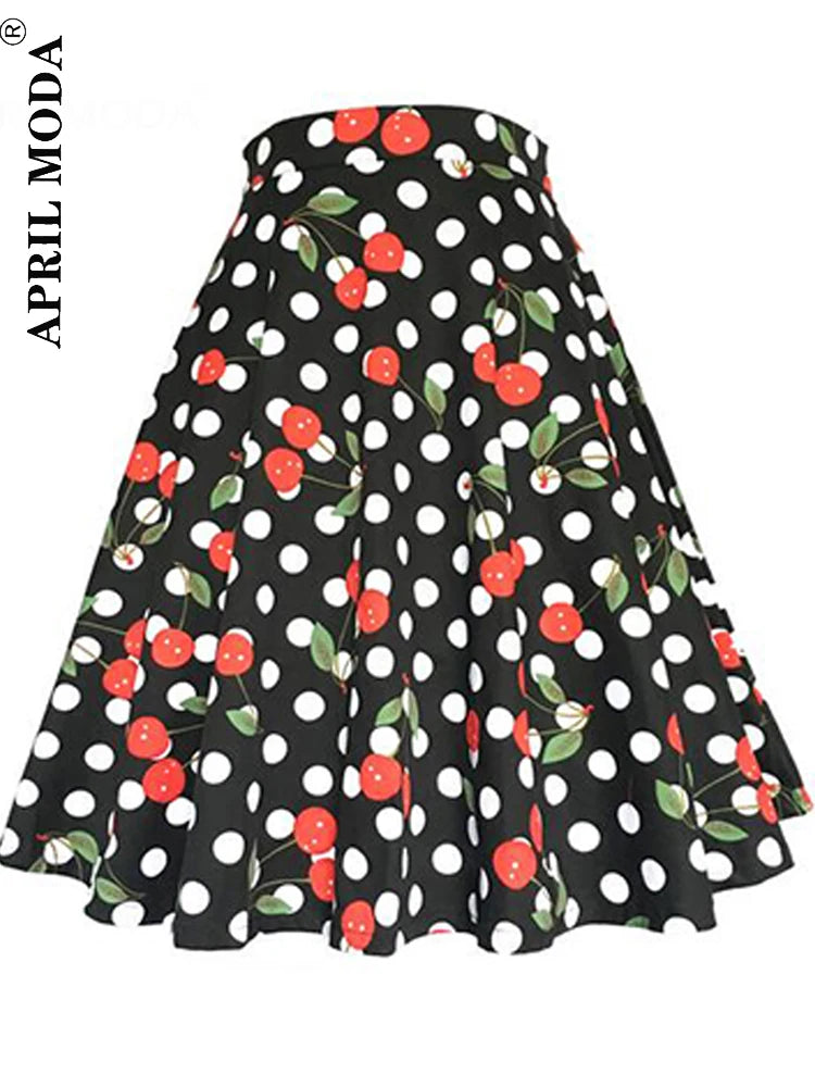 Damen-Laufsteg Baumwolle Retro Vintage Rock Schwarz Faldas High Waist A-Linie Rockabilly Jupe 50er Swing Tellerrock Pin Up Skater