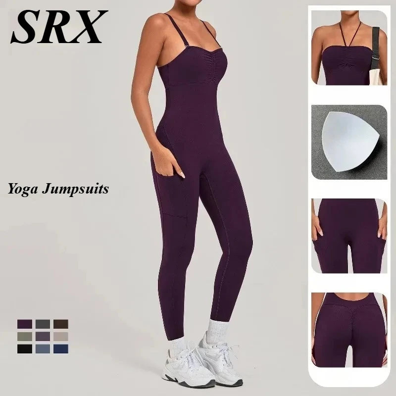 Damen Yoga Jumpsuits Sport Fitness Einteiler Schönheits-Rückengurt Tasche Hüfthebend Slim Fit Laufen Workout Training Bodysuit Zweitbild