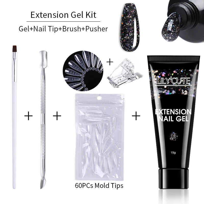 LILYCUTE 15ml Verlängerungsgel-Nagellack-Set Quick Nail Prolong mit Verlängerungsform-Nagelspitzen Acryl-Lösung Maniküre-Werkzeug-Kit