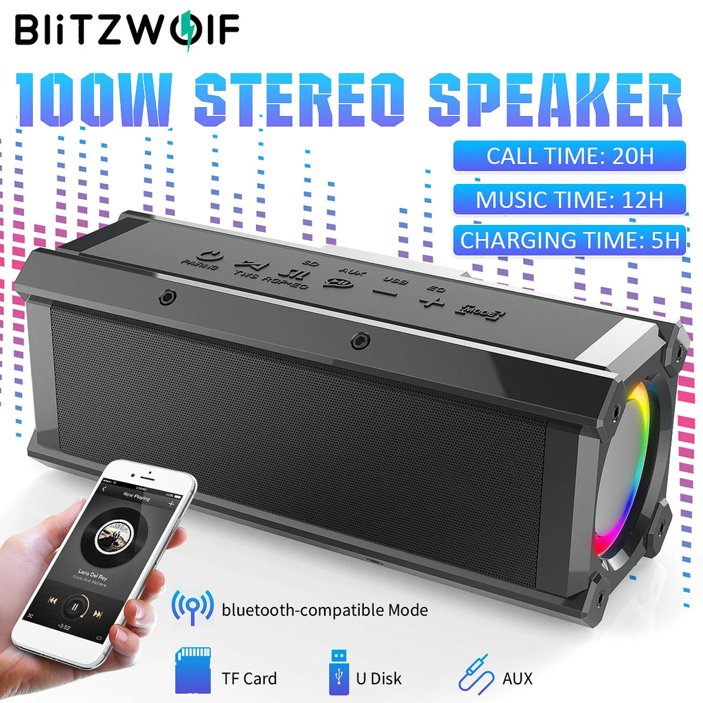 BlitzWolf BW-WA3 100W TWS Bluetooth-Lautsprecher mit vier Treibern, doppelter Membran, tiefem Bass, RGB-Licht, IPX5 Wasserdichtigkeit, 5000mAh Akku