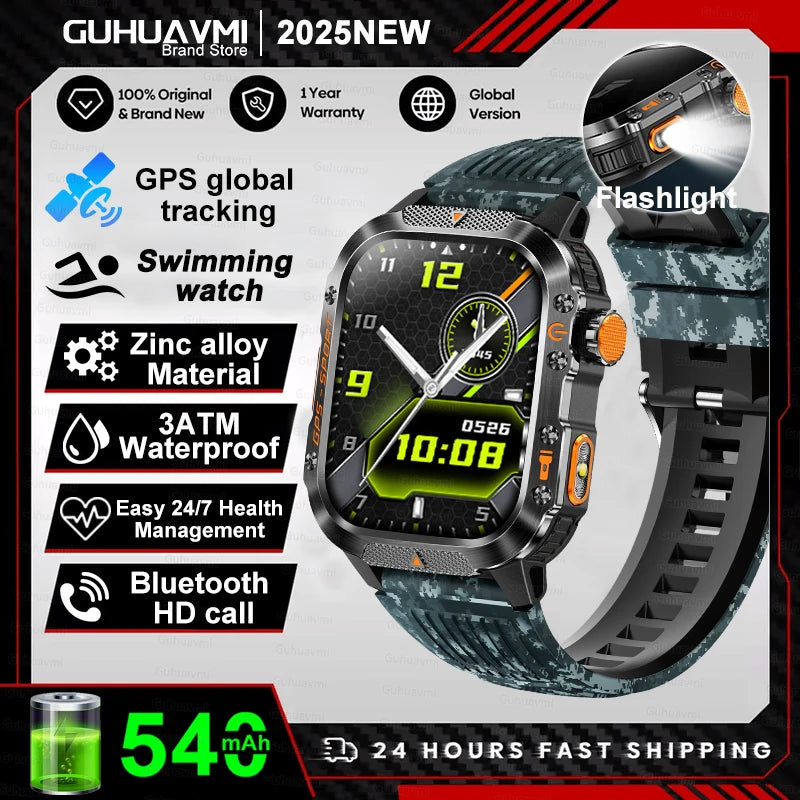 2025Neue GPS Smartwatch für Xiaomi IOS Militärkompass Taschenlampe Smartwatch Herren 10ATM Wasserdicht 100+Sportmodi BT Anruf Uhr