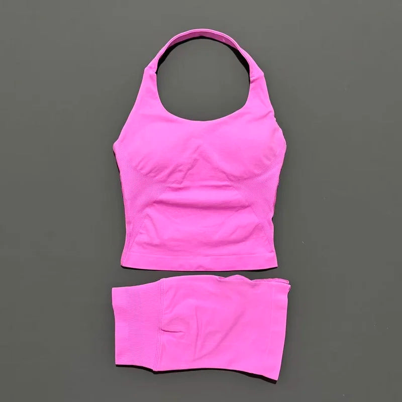 2-teiliges Sportset Damen Rückenloses Tanktop Hohe Taille Scrunch Nahtlose Shorts Fitnesskleidung Activewear Trainingssets Gym Anzug