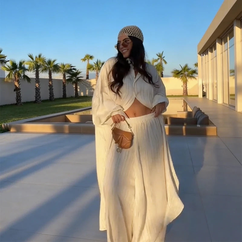 Beiges zweiteiliges Set für Damen, Oversized-Hemd mit Knopfleiste und High-Waist-Hose mit weitem Bein, Y2k Sommer-Urlaubs-Kaftan-Outfit