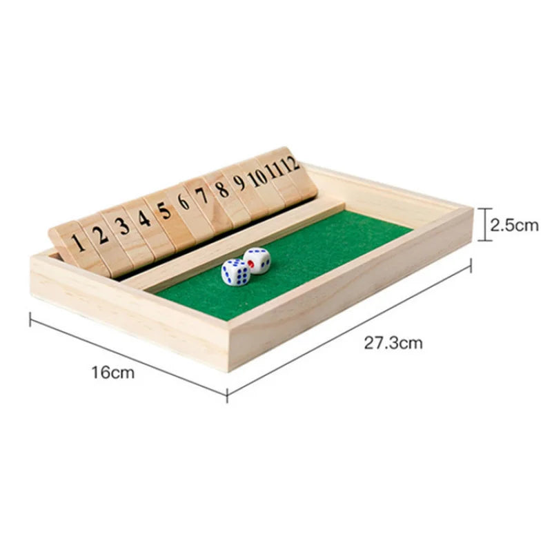 Hölzernes Shut the Box Würfelbrettspiel Klassische Tischversion mit 12 Zahlen, Kneipenstil, traditionelles Familien-Partyspiel für drinnen