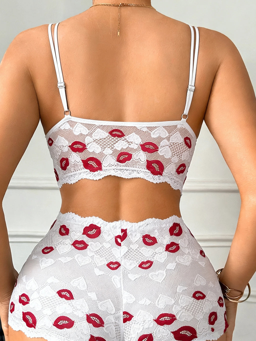 Sexy Lippenprint Damen Unterwäsche Set Hohl-Spitze Ungefütterter BH Sexy Dessous Set Dünner Cup Ohne Bügel Sexy BHs und Transparenter Slip