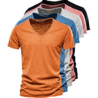 Frühling Sommer Baumwoll-T-Shirts Herren 2025 Schlichtes V-Ausschnitt Stretch Uni Neue Oberteile Kleidung Freizeit-T-Shirt Mann Streetwear Coole T-Shirts