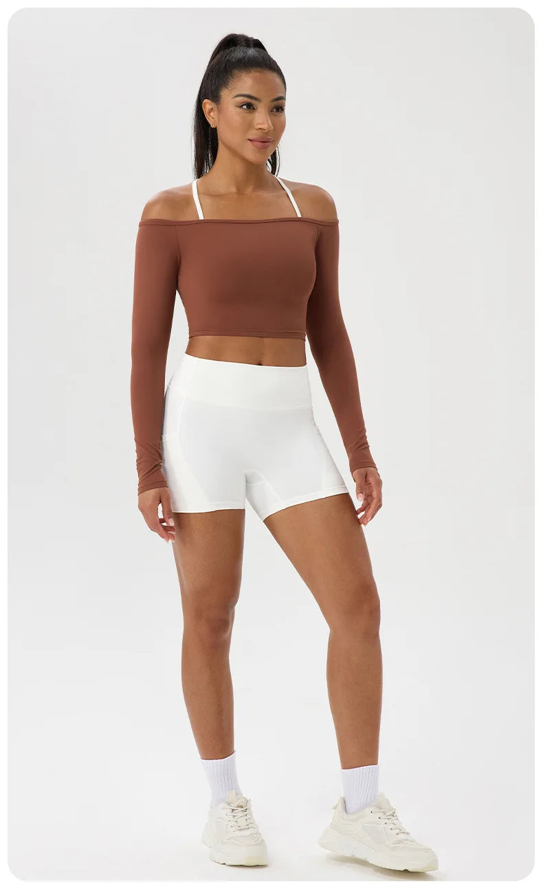 Yoga Langarm T-Shirt Damen Ein-Schulter Sexy Eng Anliegende Fitness-Oberteile Nude-Feel Schnelltrocknendes Sport Langarm Yoga Shirts
