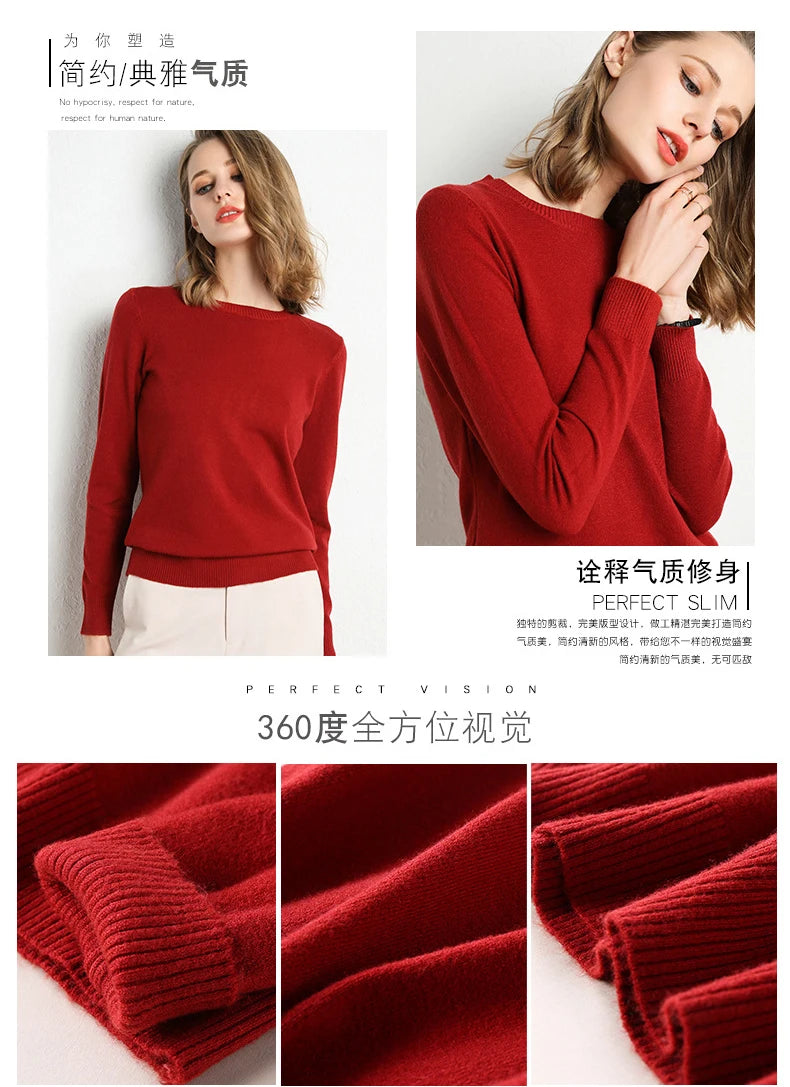 Damen Slim O-Neck Pullover Kaschmir-Wollmischung Pullover Herbst Und Winter Langarm Strick Unterhemd Große Größe 2024