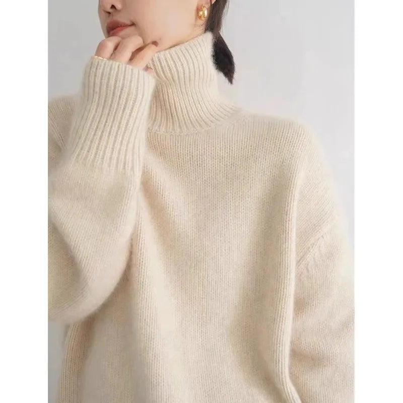 2024 Herbst und Winter Neuer dicker Kaschmirpullover Damen Rollkragenpullover Warm Locker Gestrickter Basispullover Jacke Oberteile