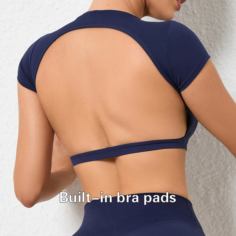 Hearuisavy Sommer Personalisierbare Sportshirts Workout Sportbekleidung Rückenloses Yoga-Kleidungsstück Brustpolster Sport Crop Tops Gym Top Damen
