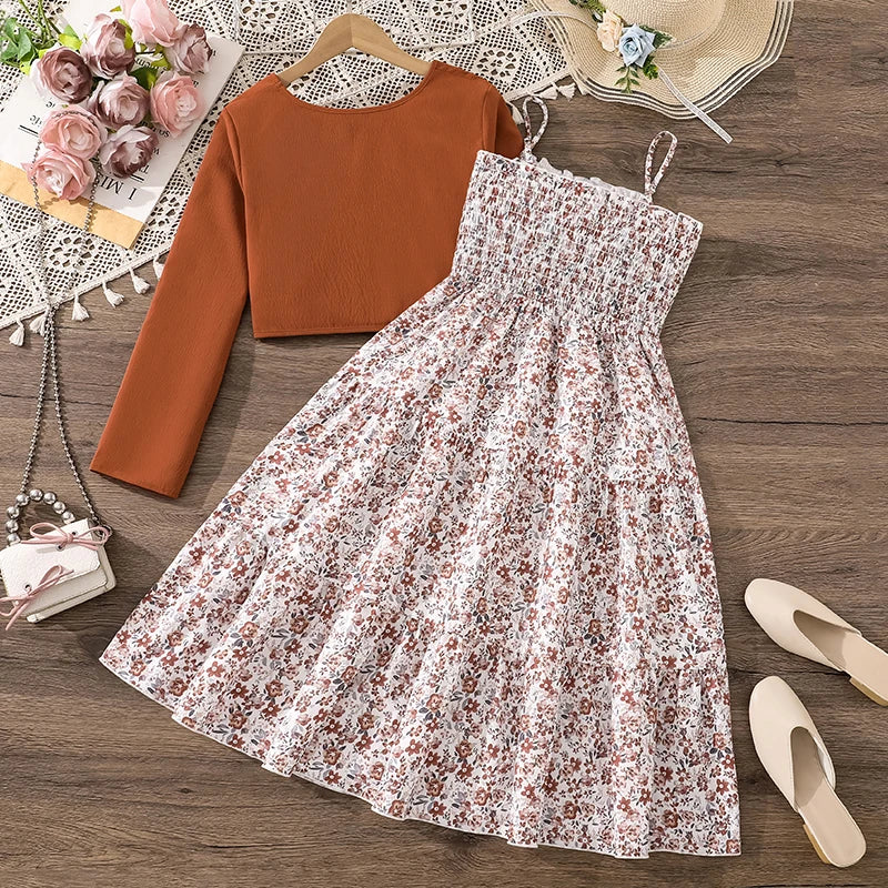Kid Girl Long Sleeve Bow Design Coat & Beige All Print Shirred-Bodice Sling Dress Set Cute Sweet Elegant Princess Dress For Kids