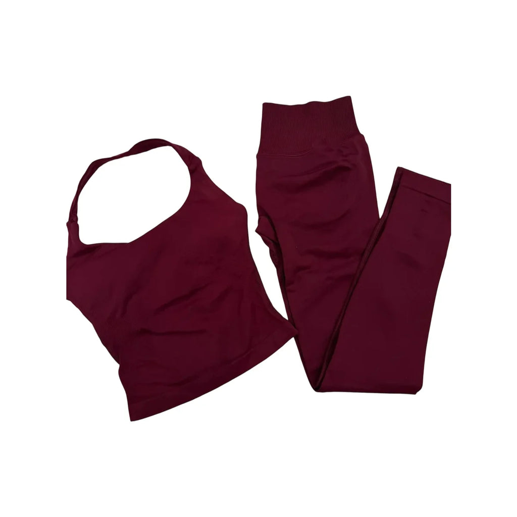 Halter Top Leggings 2-Piece Set Seamless Halterneck Backless Yoga Top+Scrunch Booty Leggings Fitness Gym 2pcs Set