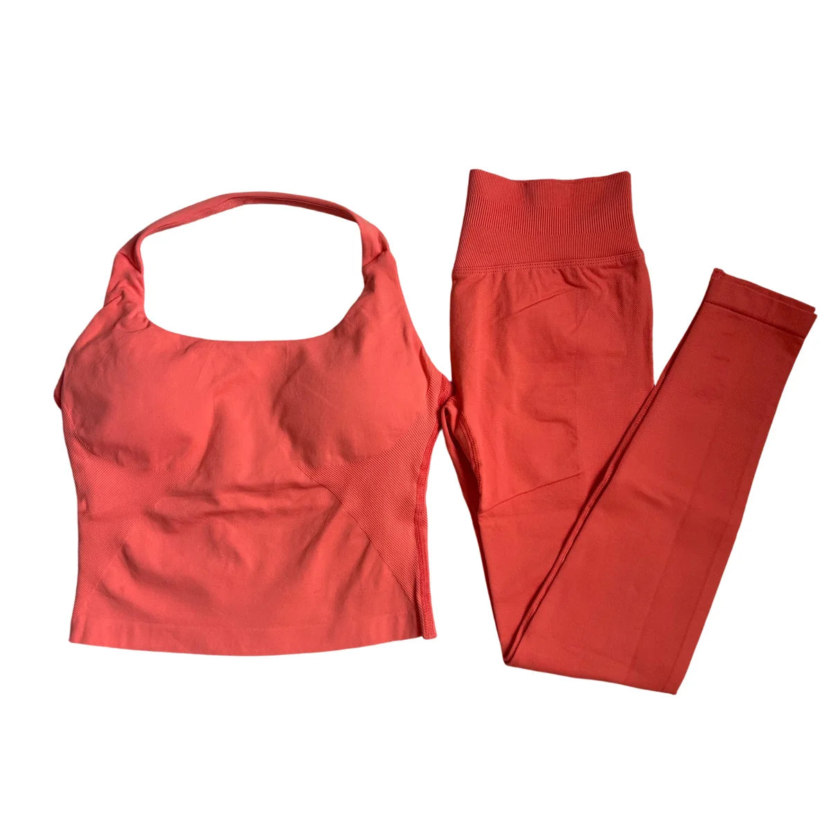 Halter Top Leggings 2-Piece Set Seamless Halterneck Backless Yoga Top+Scrunch Booty Leggings Fitness Gym 2pcs Set