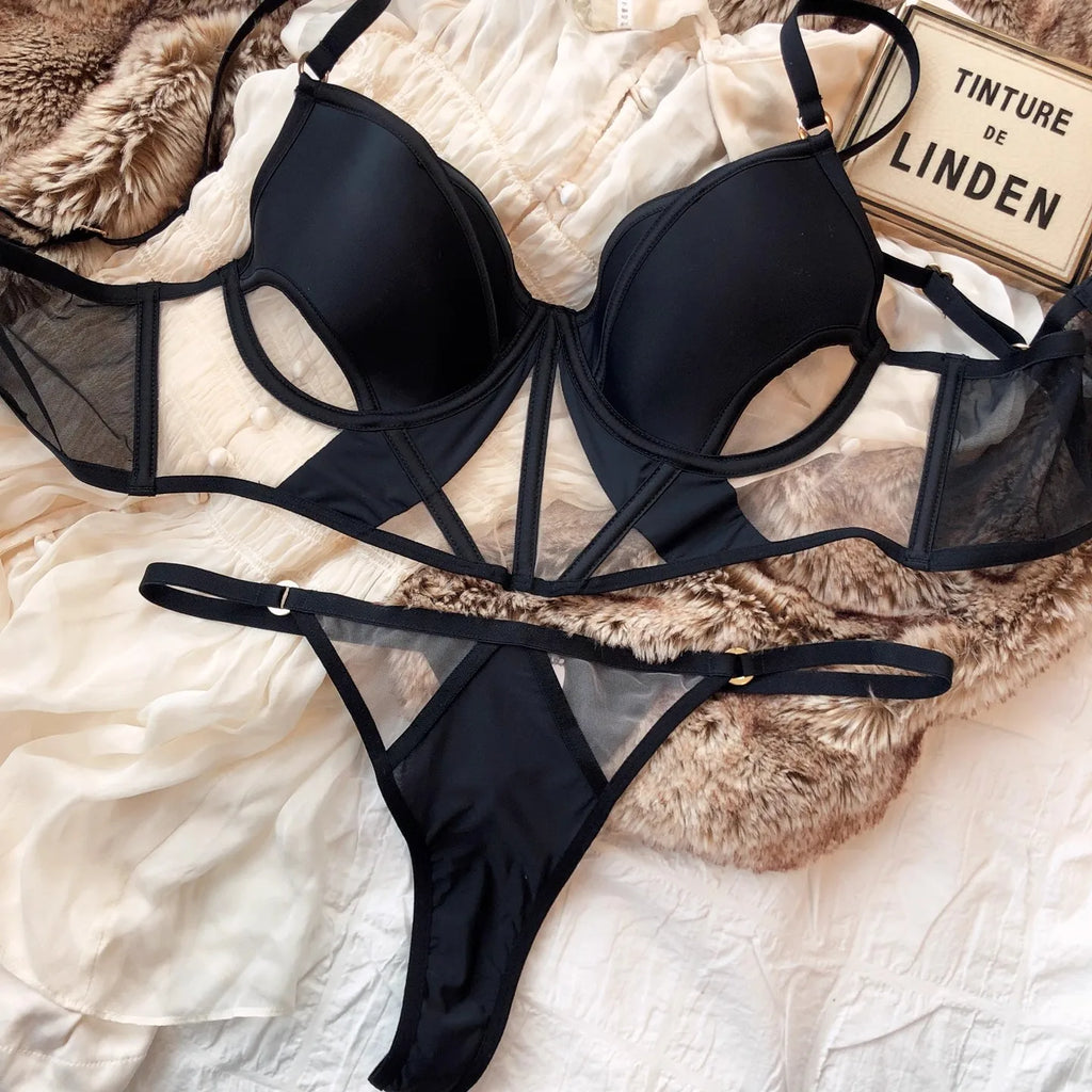 Französische Thin Cup Damen Dessous Set Sexy Hohle Spitze BH Set Sommer Mesh Komfort Atmungsaktive Unterwäsche Fischgrät Tops Intims