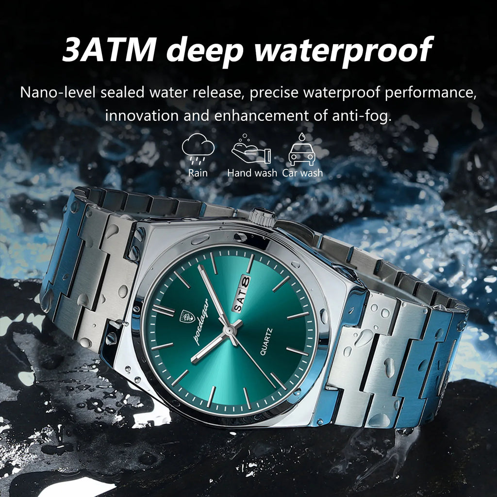 POEDAGAR Luxus Herrenuhren Wasserdicht Leuchtende Datumsanzeige Wochentag Herrenuhr Edelstahl Casual Mode Quarz Herren Armbanduhr Reloj