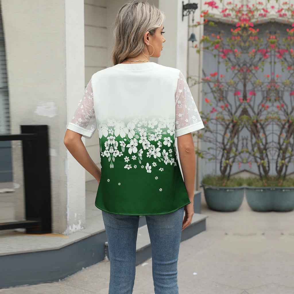 Sommerhemden Damen Spitze Patchwork Kurzarm Bluse Blumendruck Kleidung Mode Street Casual Täglich V-Ausschnitt Knopfleiste Tops 2025
