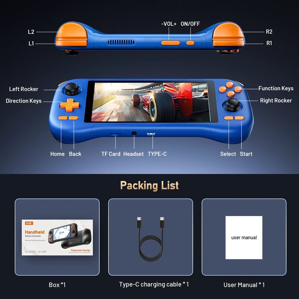 K56 Android 14 tragbare Gaming-Konsole mit 5,5-Zoll-Touchscreen und über 50 Retro-Videospiel-Emulatoren für DC/MAME/SS