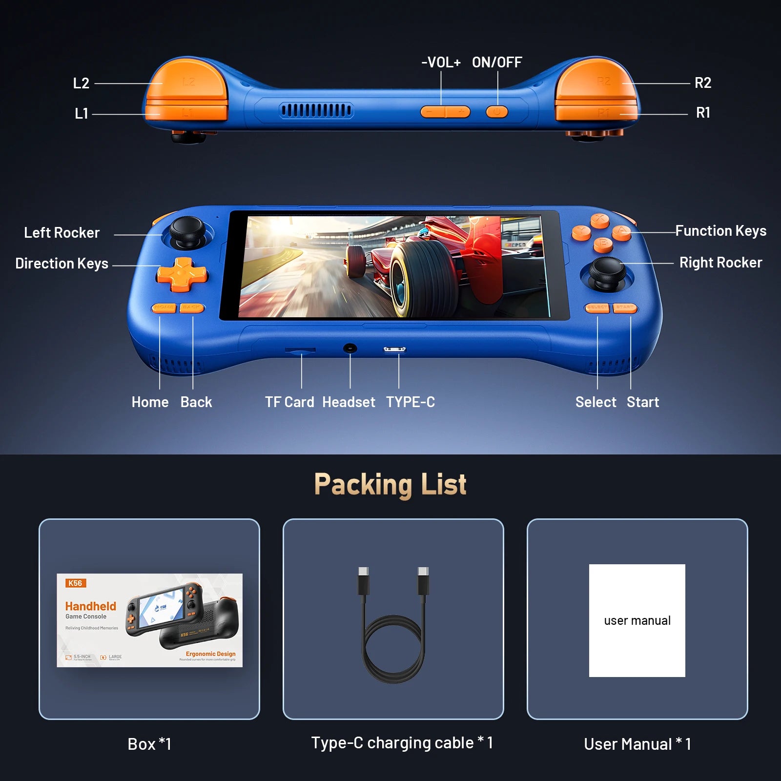 K56 Android 14 tragbare Gaming-Konsole mit 5,5-Zoll-Touchscreen und über 50 Retro-Videospiel-Emulatoren für DC/MAME/SS
