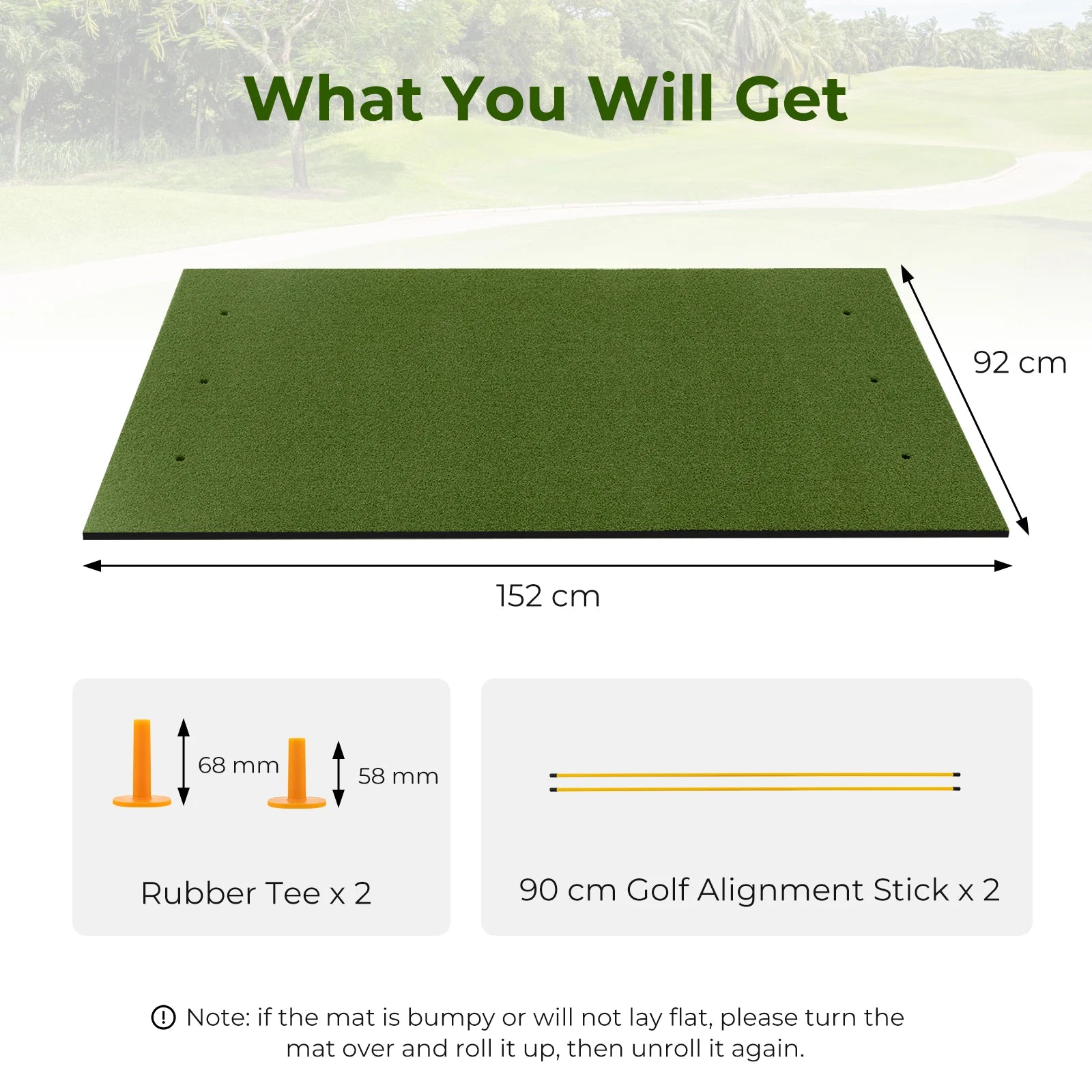 Golf-Schlagmatte, 1,5 m x 0,9 m Kunstrasen Golf-Übungsmatte mit 2 Golf-Gummi-Tees und 2 Ausrichthilfen, tragbar für Golf Zweitbild