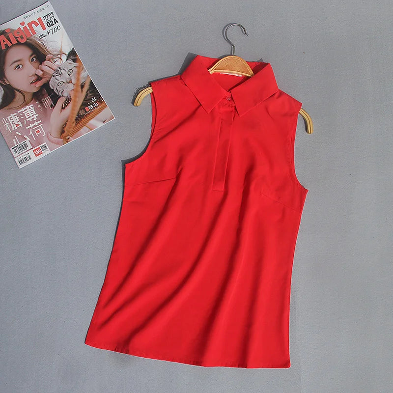 #2503 Damen Tops Und Blusen Ärmelloses Hemd Frauen Sommer Dünnes Weste Pullover Knopf Basic Top Chiffon Rot Weiß Schwarz Polokragen