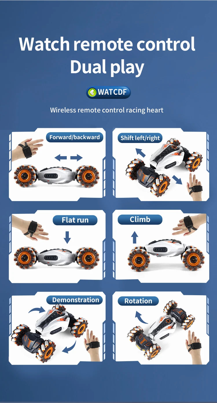 4WD RC Drift-Auto mit Musik, LED-Lichtern, 2.4G Gesten-Funkfernbedienung, Sprüh-Stunt-Auto, 360° drehbares Kletterauto, Spielzeuggeschenk