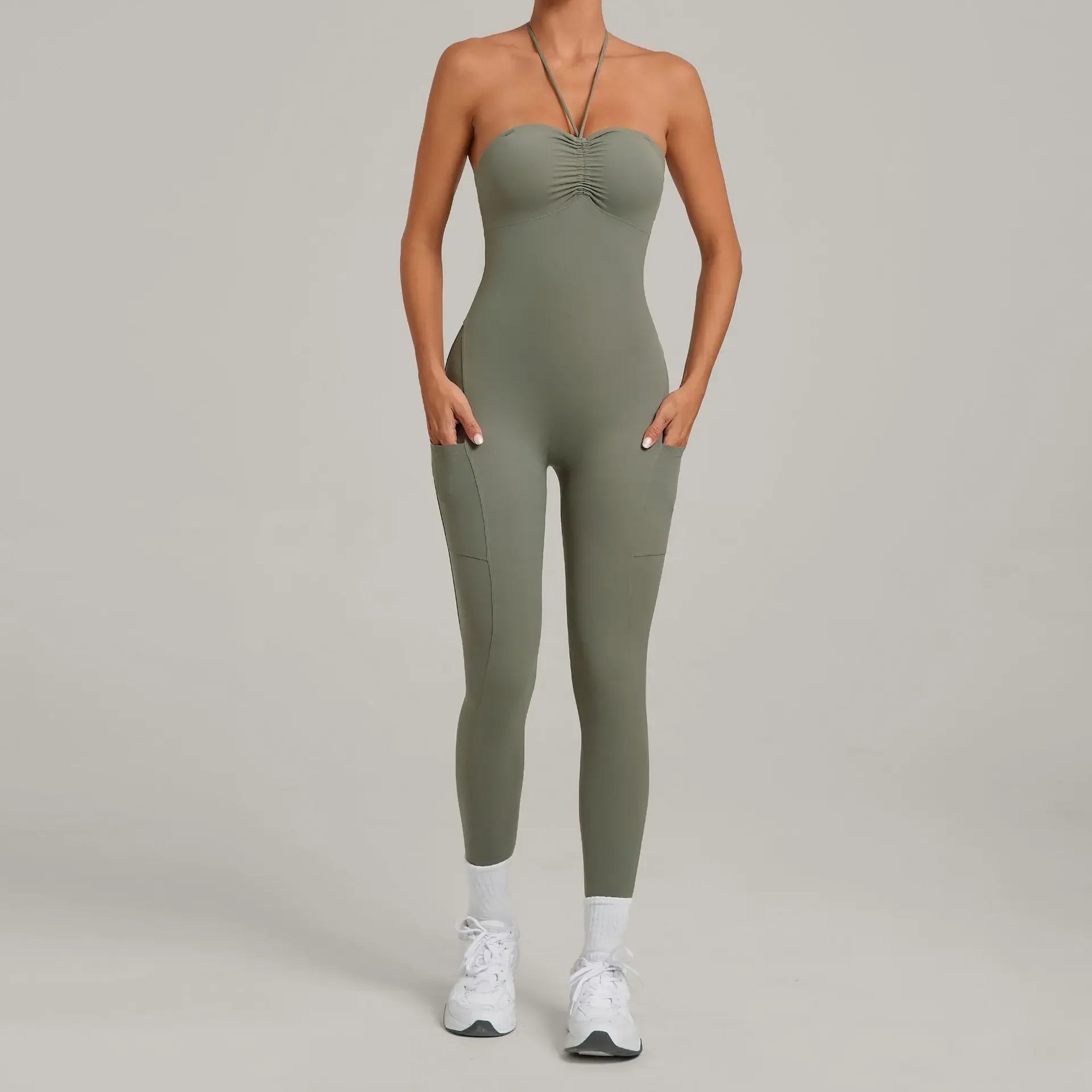 Damen Yoga Jumpsuits Sport Fitness Einteiler Schönheits-Rückengurt Tasche Hüfthebend Slim Fit Laufen Workout Training Bodysuit