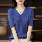 Damen Pullover Frühling Sommer Kurzarm V-Ausschnitt Strickshirt Lässige koreanische Pullover Gestreiftes Unterziehshirt Slim Fit Pullover