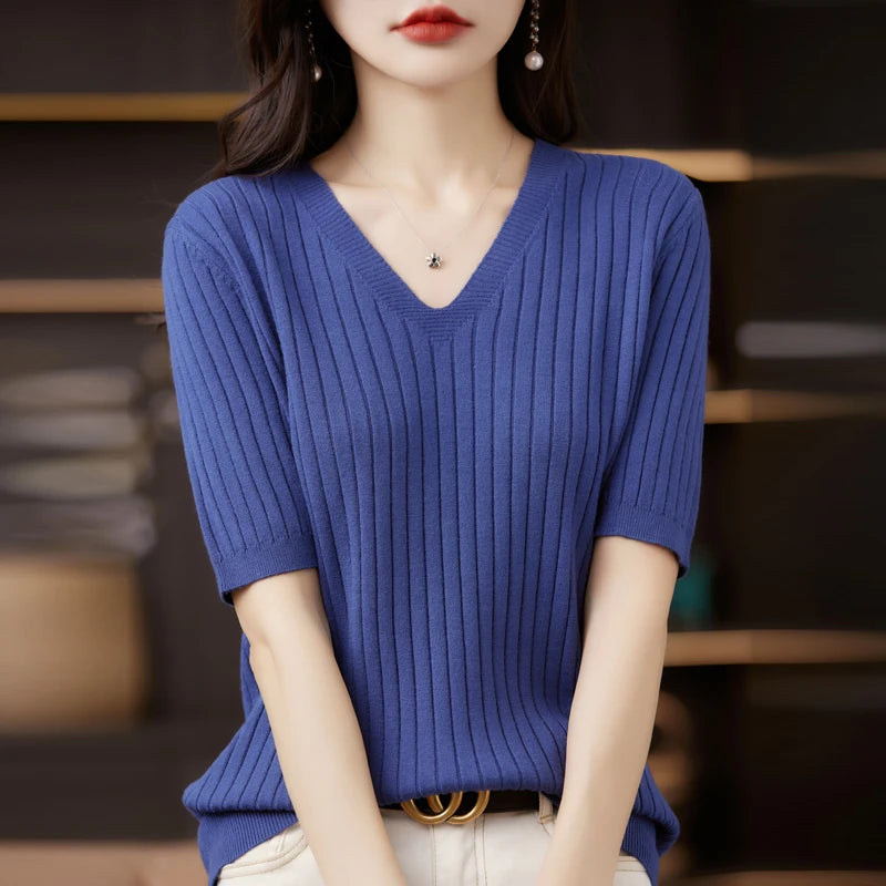 Damen Pullover Frühling Sommer Kurzarm V-Ausschnitt Strickshirt Lässige koreanische Pullover Gestreiftes Unterziehshirt Slim Fit Pullover