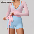 Neue Sommer Damen Yoga Langarm Einteiler Träger Yoga Kleidung Weibliches Training Premium Ballett WickeloberteileFrauen Fitness Sport Top