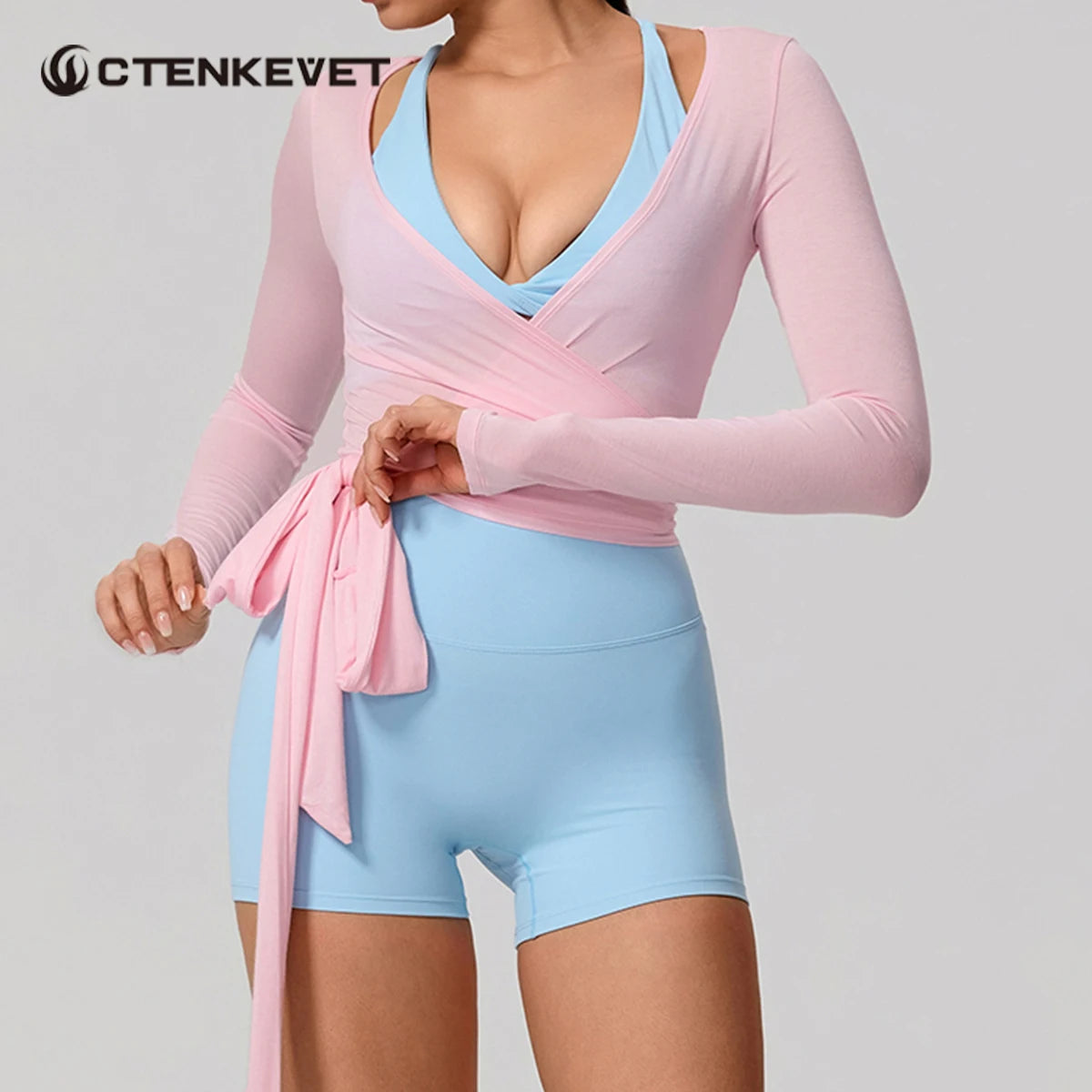 Neue Sommer Damen Yoga Langarm Einteiler Träger Yoga Kleidung Weibliches Training Premium Ballett WickeloberteileFrauen Fitness Sport Top