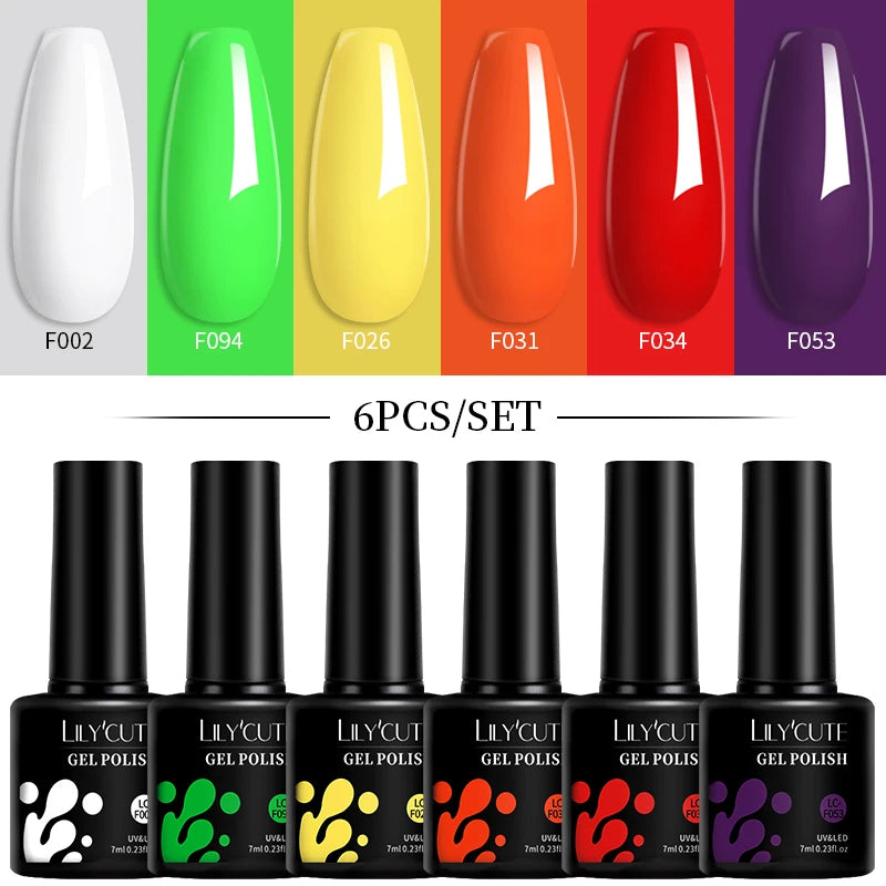 LILYCUTE 7ML 6PCS Neon Gel Nagellack Set fluoreszierend Farbwechsel Semi Permanent Soak Off Maniküre-Kit Nail Art Gel