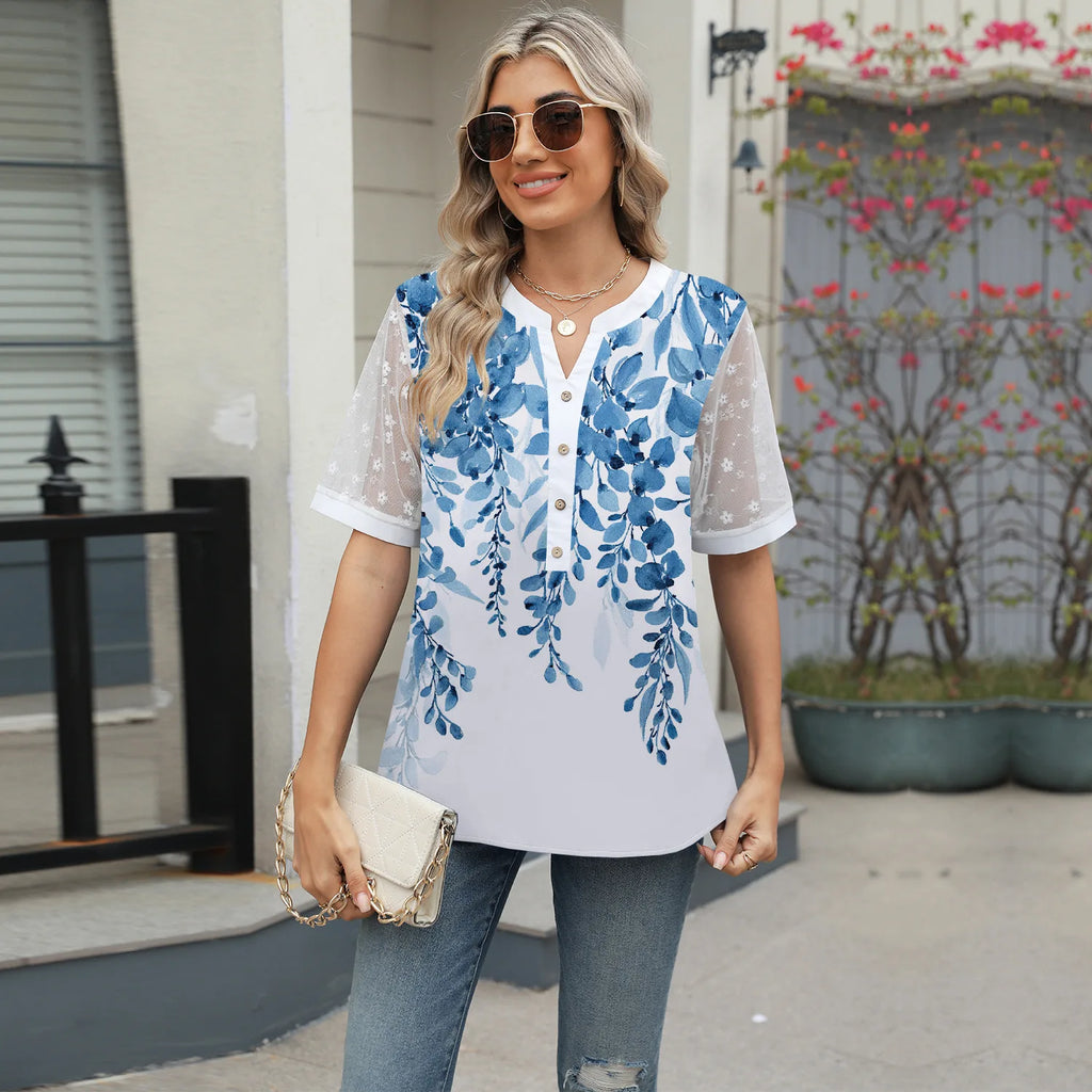 Sommerhemden Damen Spitze Patchwork Kurzarm Bluse Blumendruck Kleidung Mode Street Casual Täglich V-Ausschnitt Knopfleiste Tops 2025
