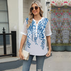 Sommerhemden Damen Spitze Patchwork Kurzarm Bluse Blumendruck Kleidung Mode Street Casual Täglich V-Ausschnitt Knopfleiste Tops 2025