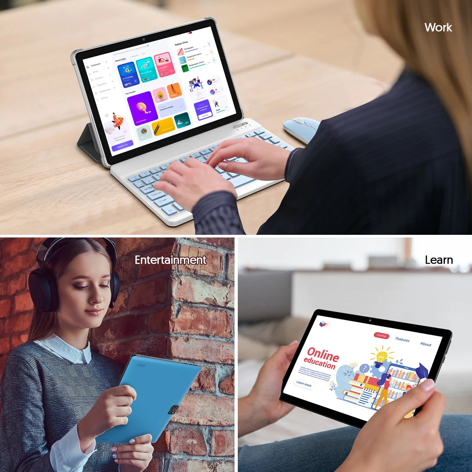 Android 15 Tablet, 10,0-Zoll-Bildschirm, Quad-Core-Prozessor, 12 GB RAM (3 GB+9 GB), 64 GB Speicher, 2MP+8MP Dual-Kameras, 6000 mAh