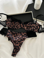 Französisches Unterwäsche-Set Leopard Sexy Stahlring-Spitze Triangel-BH-Slip-Anzüge Vintage Fashion Push-Up-Dessous Ins Bodycon