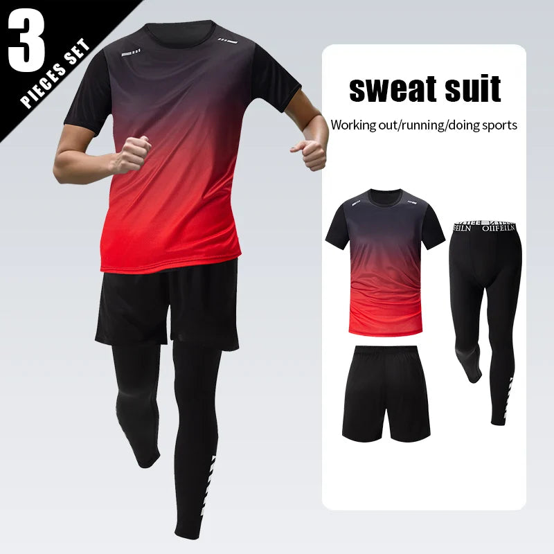 3-teiliger Herren-Sportanzug, schnelltrocknend, mit Farbverlauf, Freizeit-Sport, Laufen, kurze Ärmel, bequeme Sonnencreme, Hose, Joker-Shorts Hauptbild