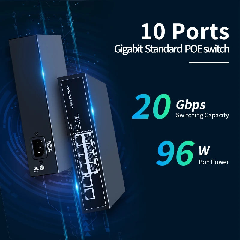 HORACO 8 Port 1000Mbps POE Switch 2 Gigabit Uplink 1000BASE-T RJ45 Networking Switcher 96W Hub Internet Splitter Plug and Play