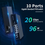 HORACO 8 Port 1000Mbps POE Switch 2 Gigabit Uplink 1000BASE-T RJ45 Networking Switcher 96W Hub Internet Splitter Plug and Play