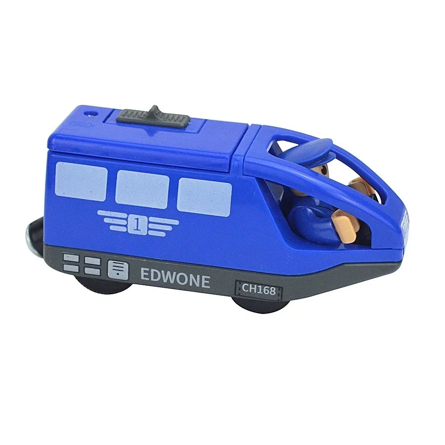 Magnetischer elektrischer Zug Lokomotive Holzeisenbahn Schlitz Diecast Eisenbahn mit zwei Waggons Zug Holz Kinderspielzeug Biro Leduo Strecke