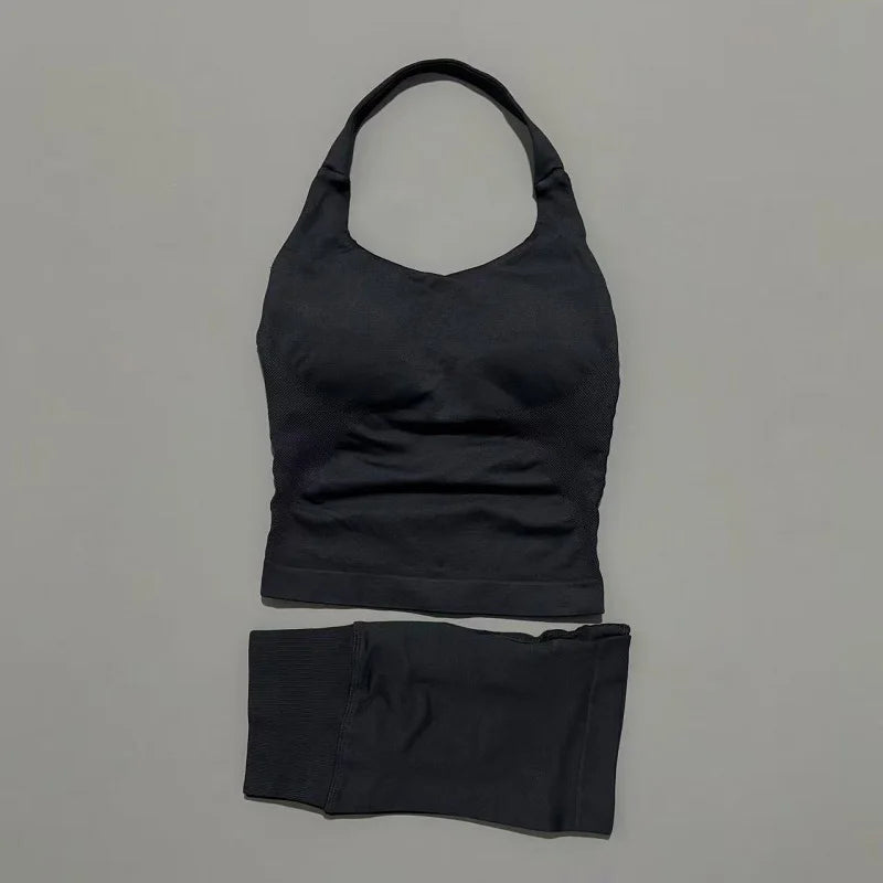 2-teiliges Sportset Damen Rückenloses Tanktop Hohe Taille Scrunch Nahtlose Shorts Fitnesskleidung Activewear Trainingssets Gym Anzug