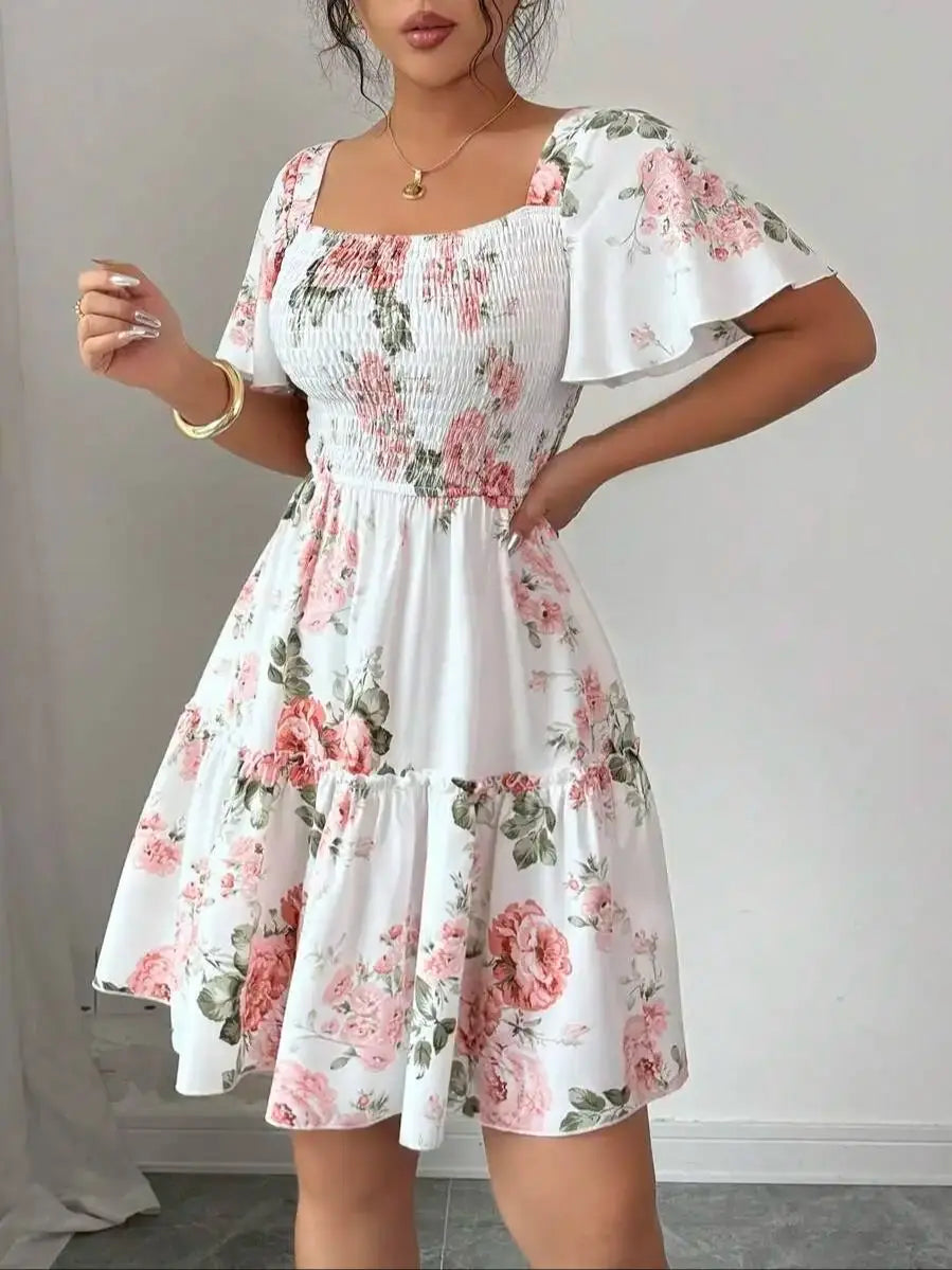 Damenkleid mit Blumenmuster, Schärpen, Rüschensaum, kurzen Ärmeln, Freizeitkleid, Damen-Abendkleider im Urlaubsstil