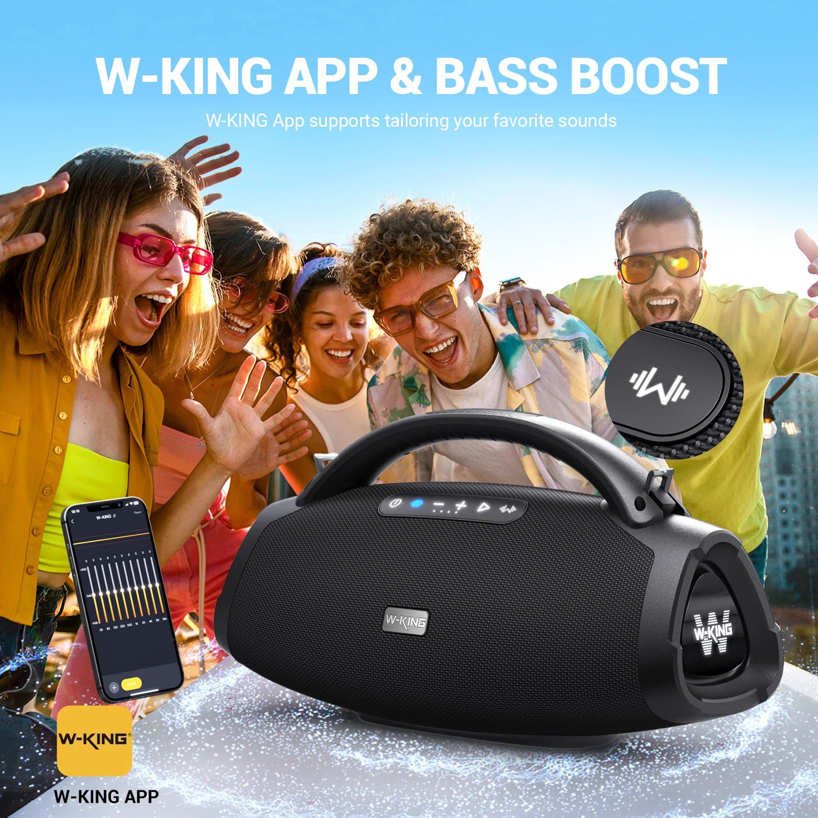 W-KING 200W RMS Portable Bluetooth Lautsprecher, Massive Bass Party Boombox IPX7 Wasserdichter Lautsprecher Groß, Lauter Outdoor Lautsprecher