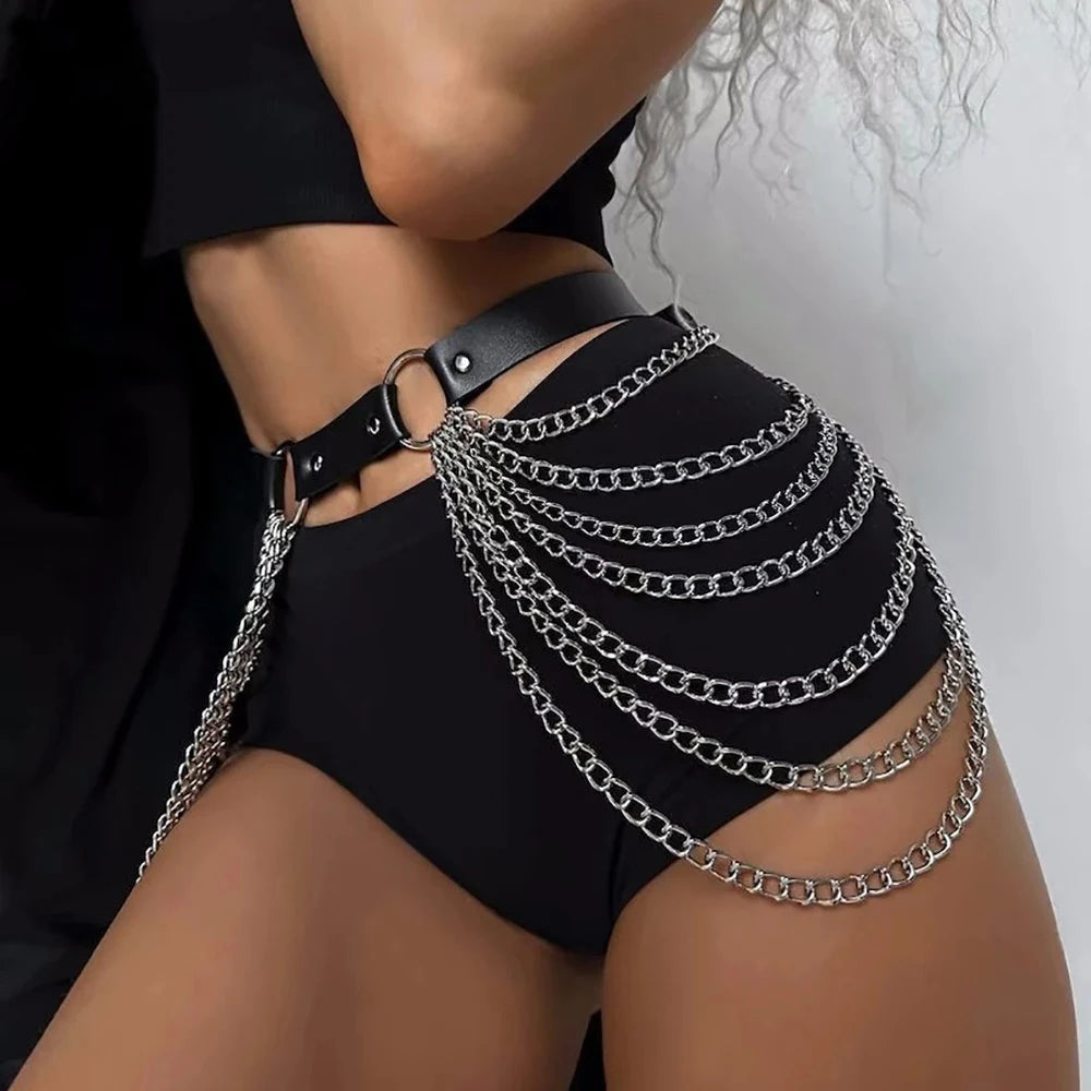 Gothic Punk Black PU Leather Belt with Fringe, Adjustable Harness Waist Chain for Women, Rockabilly Halloween Festival Accessory Hauptbild