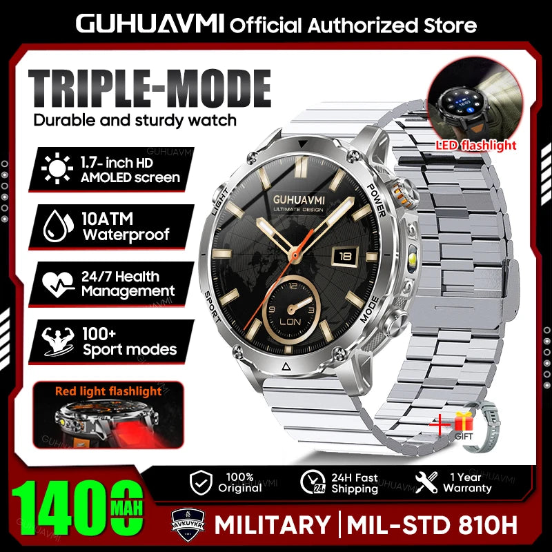 2026 Neue TANK Ultra 1400mAh Akku Militär Smartwatch 10ATM Wasserdicht Herzfrequenz Taktische LED Taschenlampe Herren Sportarmband