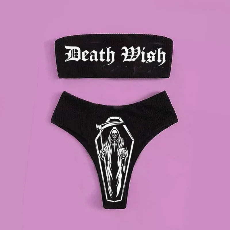 Gothic Bikini 2025 Damen Skelett Tube Top BH Triangel-Höschen Split Badeanzug Unterwäsche Y2K Bikinis Punk Bademode