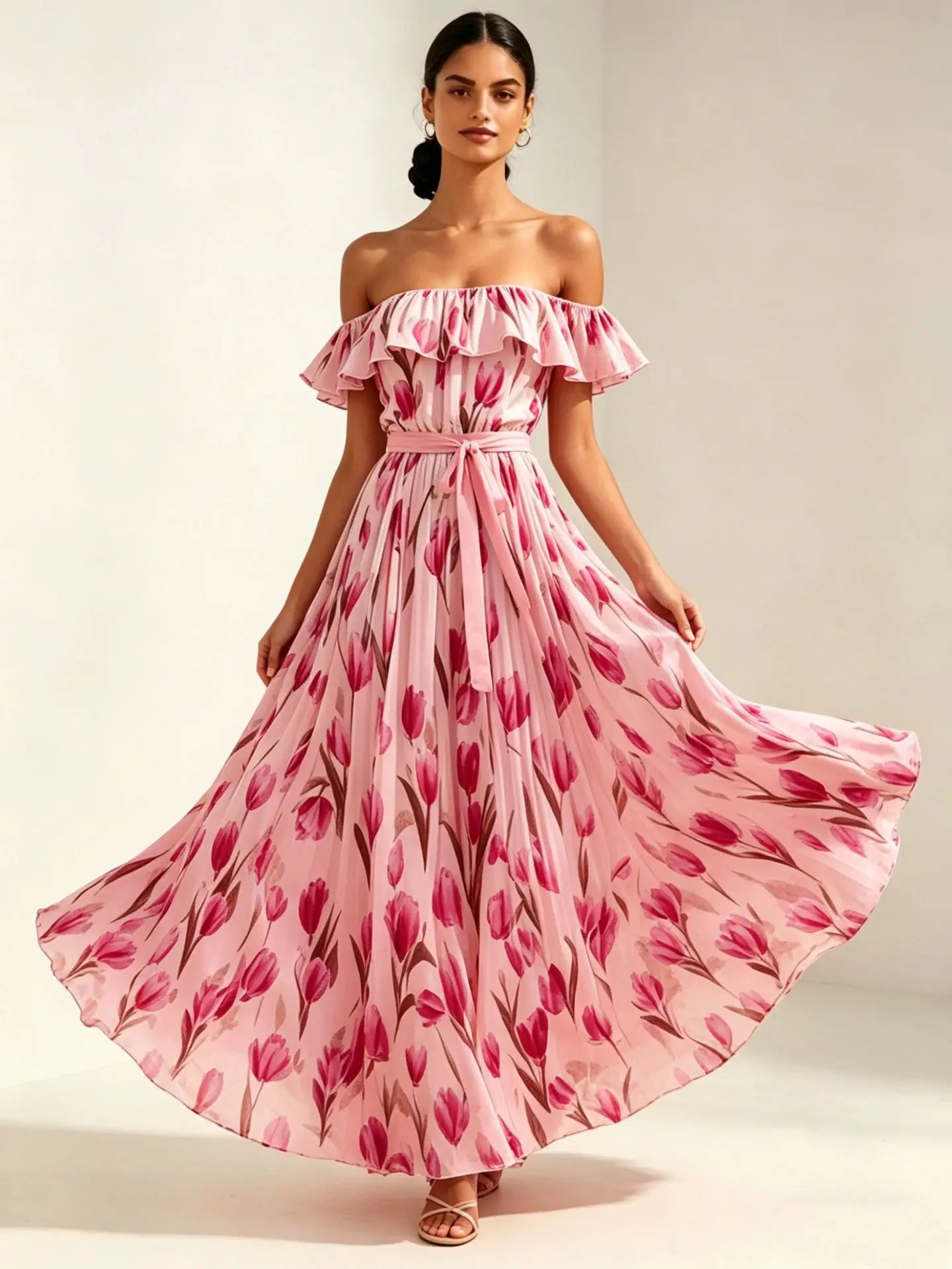 2026 Sommer schulterfreies Kleid mit Tulpenprint in großen Größen, schlankmachend, mit eckigem Ausschnitt und Maxilänge
