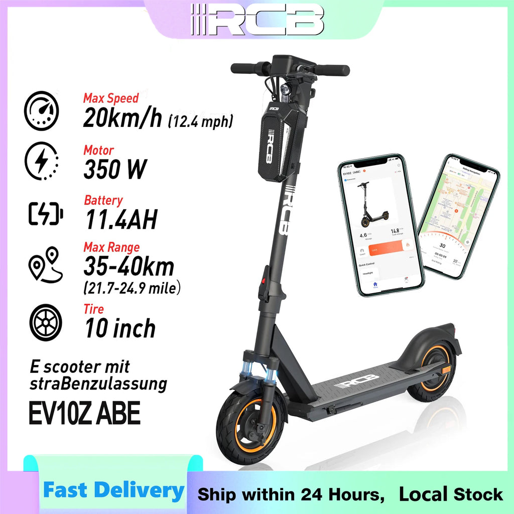RCB EV10Z Elektroroller mit ABE Straßenzulassung 350W Motor 36V11.4Ah Akku 35-40km Reichweite 10 Zoll Rad Klappbar 120KG Max. Belastung für Pendler in der Stadt