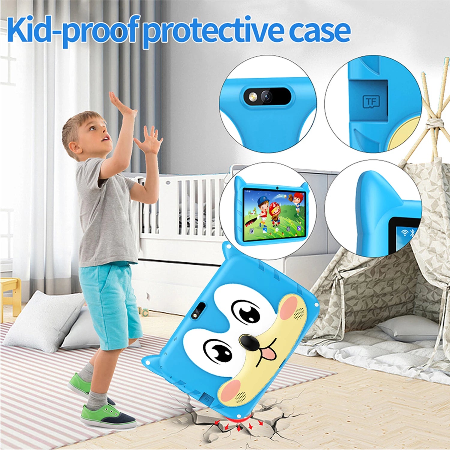 BDF Cartoon-Muster 7 Zoll Kinder-Tablet Quad Core 4GB RAM 64GB ROM Android 13 Google Lernspiele Tablets 4000mAh