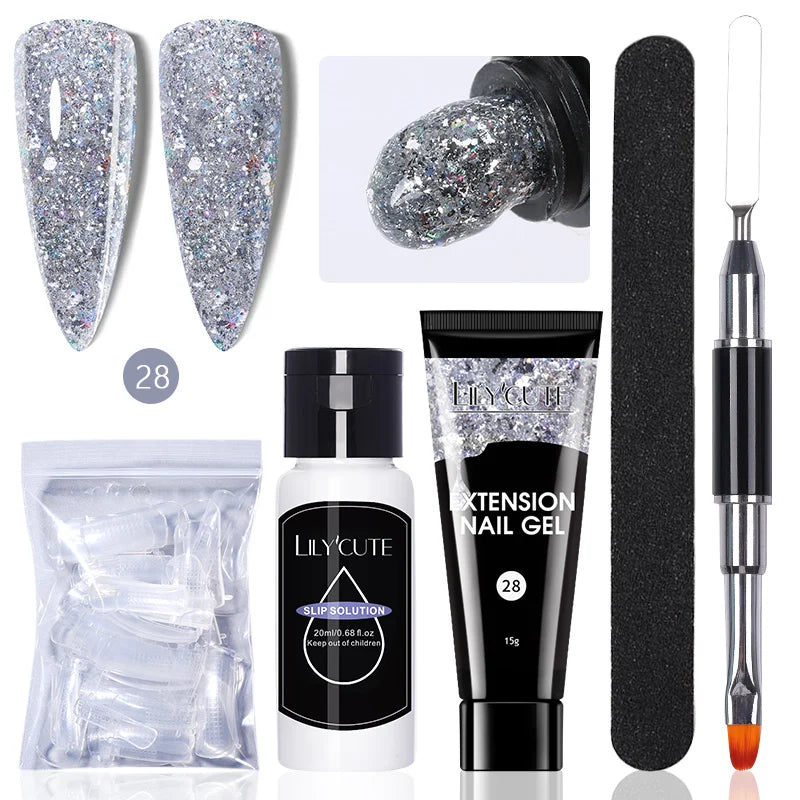 LILYCUTE 15ml Verlängerungsgel-Nagellack-Set Quick Nail Prolong mit Verlängerungsform-Nagelspitzen Acryl-Lösung Maniküre-Werkzeug-Kit